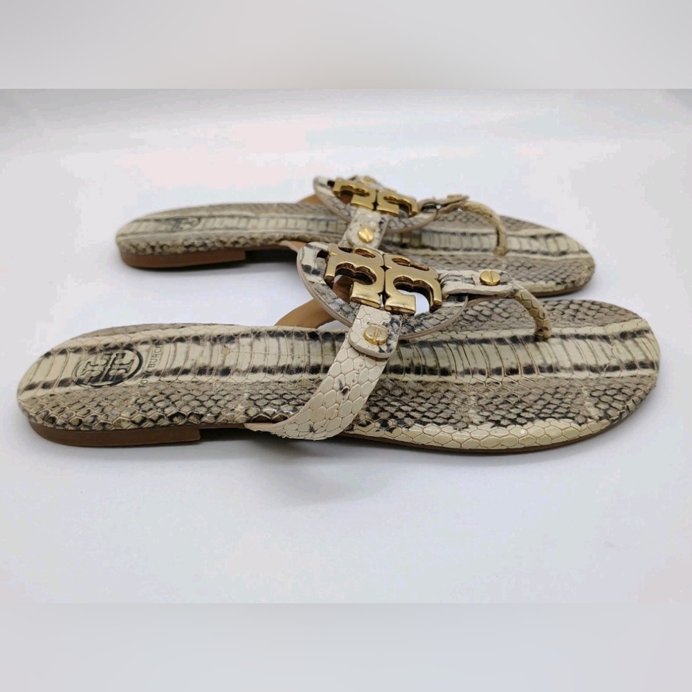 Tory Burch Miller Thong Sandals Womens 7 Snakeskin Print Gold Logo Flip Flops - Picture 3 of 8